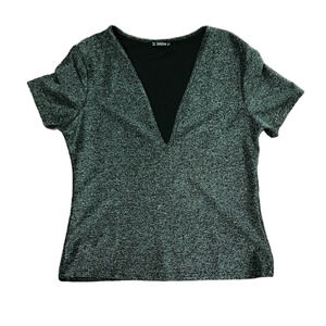 Shein black & silver vneck sparkling top stretchy glitter size XL glittery